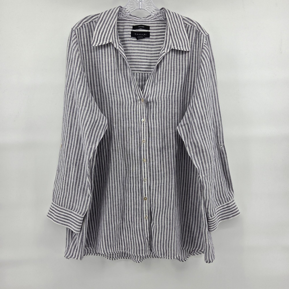 Tahari White and Gray Striped Button-Down Shirt